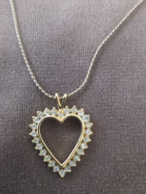 Golden Heart Surrounded by Clear Crystals Pendant Necklace. Excel Cond.